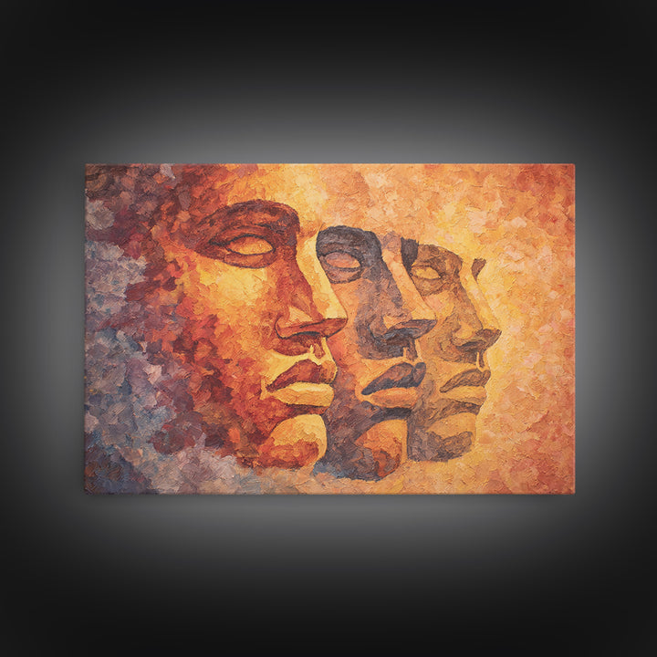 Textured Orange Ancestral Face Profiles, Framed Canvas Print, Abstract African Art, Warm Earth Tone Portrait Wall Decor Gift