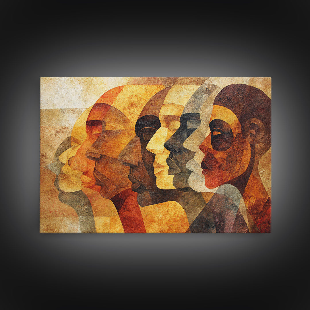 Layered African Profiles In Gold And Terracotta, Wall Art, Modern Canvas Print, Cultural Portrait Decor, Statement Gift For Home