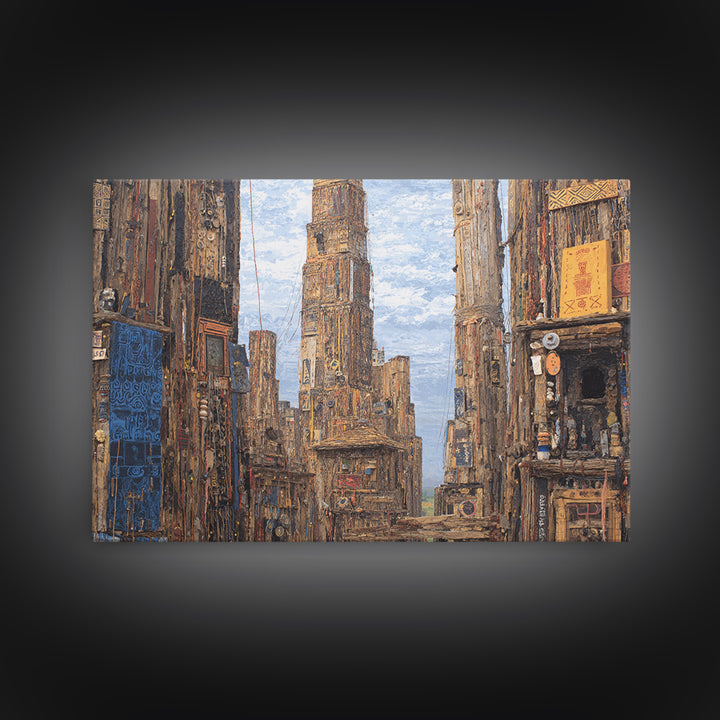 Textured Afro Futuristic City Street, Canvas Print, African Inspired Wall Art, Urban Architecture Decor, Cultural Home Gift