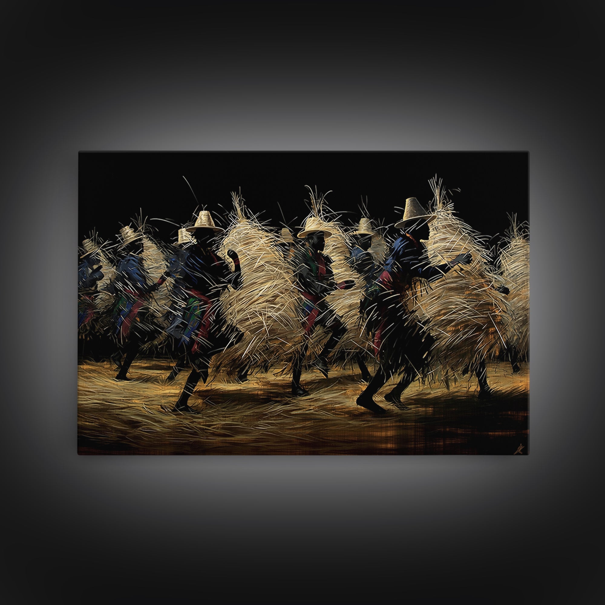 Night Straw Masquerade Dancers Framed Canvas Print, African Tribal Art, Cultural Wall Decor, Black Background Artwork, Gift