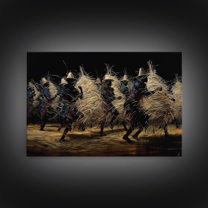 Night Straw Masquerade Dancers Framed Canvas Print, African Tribal Art, Cultural Wall Decor, Black Background Artwork, Gift