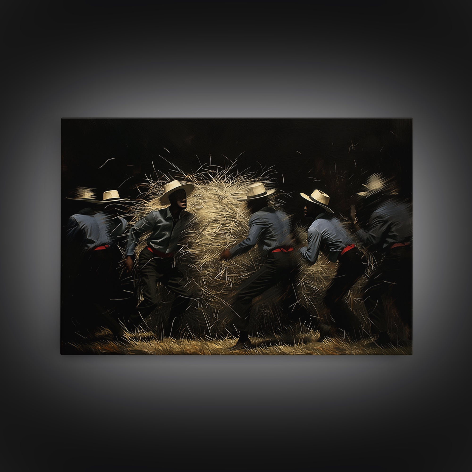 Midnight Harvest Dancers With Straw Wall Art, African Culture Art, Rustic Black Decor, Dynamic Canvas Print Gift For Him