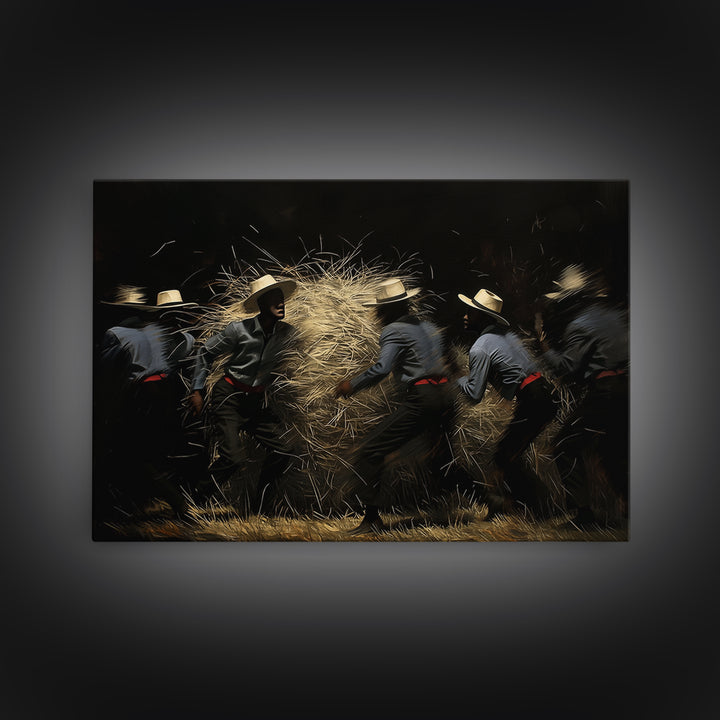 Midnight Harvest Dancers With Straw Wall Art, African Culture Art, Rustic Black Decor, Dynamic Canvas Print Gift For Him