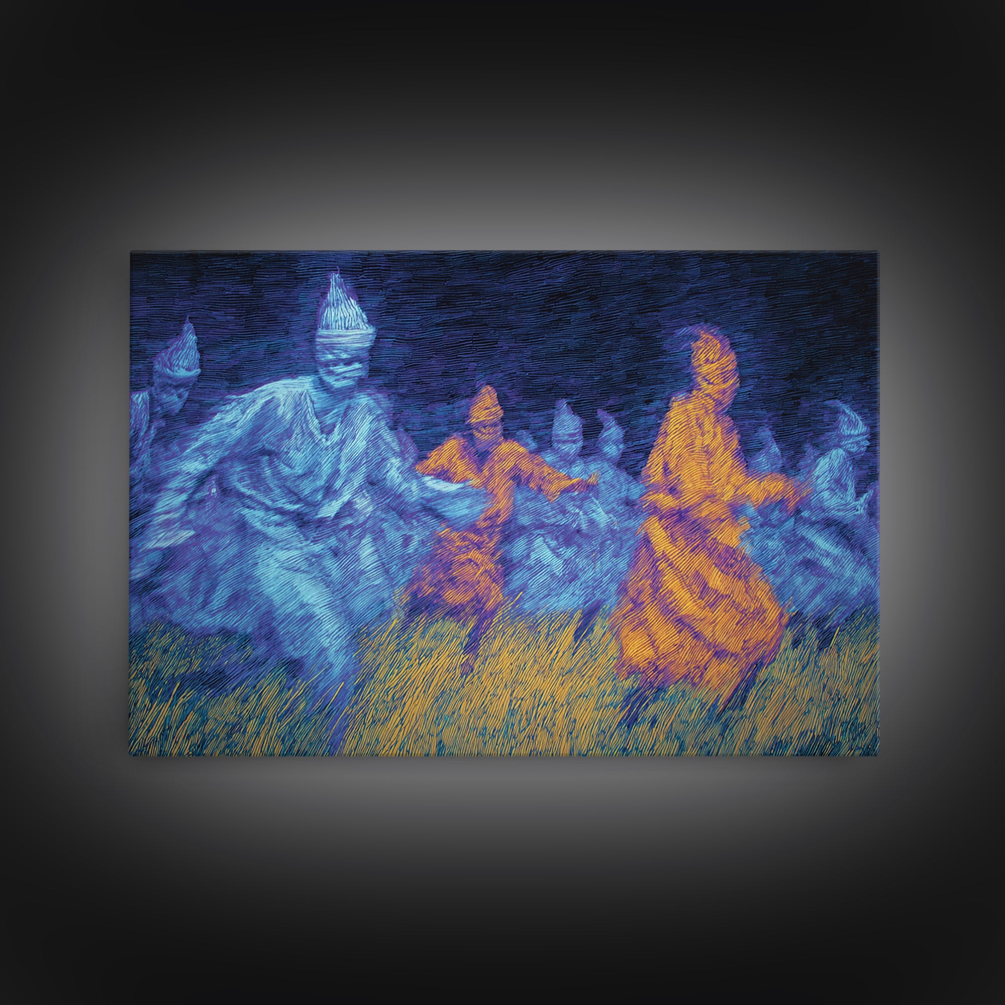 Blue And Orange African Spirit Dancers Wall Art, Cultural Tribal Art Print, Black History Decor, Afrocentric Canvas Print
