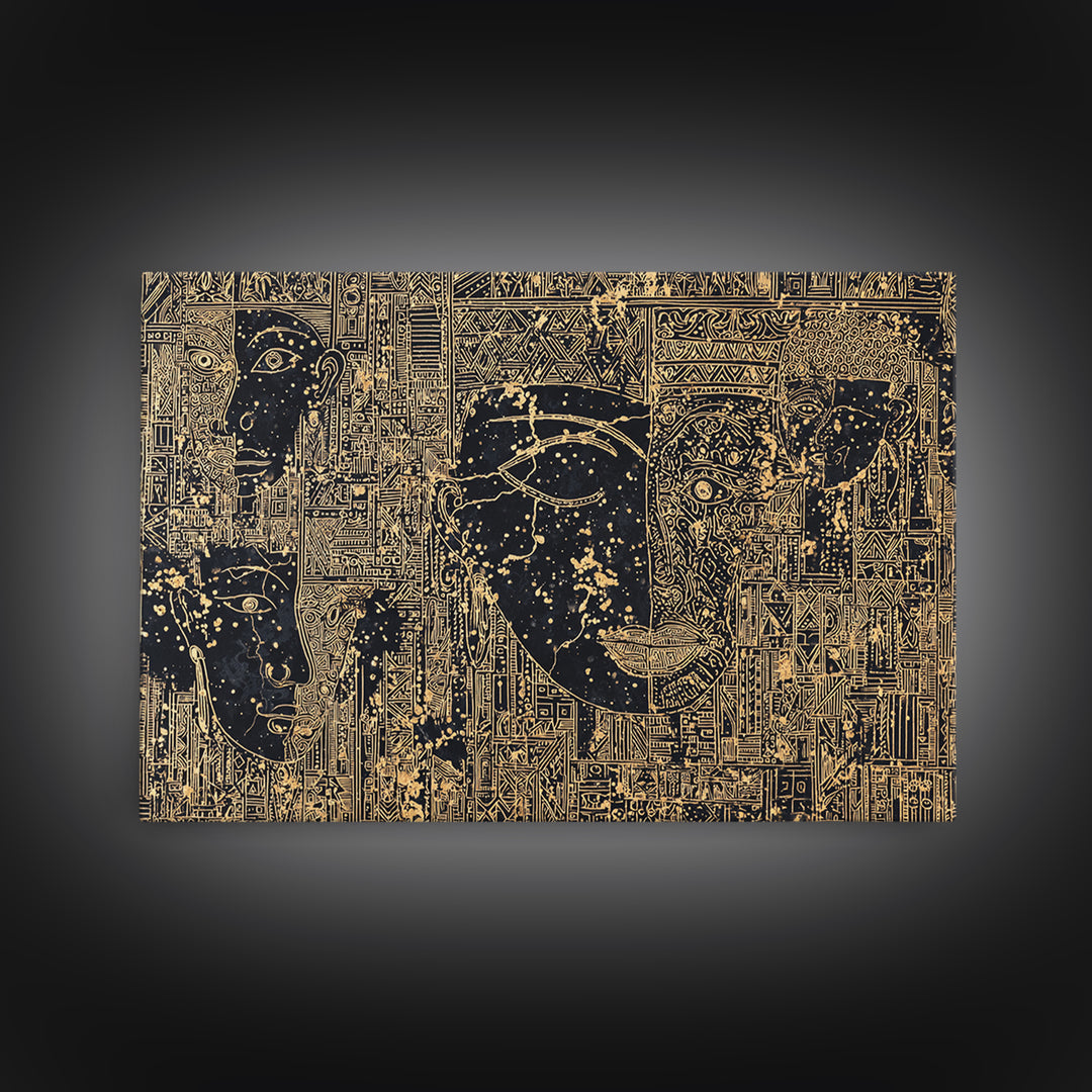 Golden Ancestral Faces And Geometric Tribal Patterns Wall Art, Afrocentric Black Culture Decor, Modern African Canvas Print