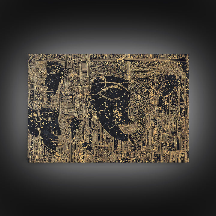 Golden Ancestral Faces And Geometric Tribal Patterns Wall Art, Afrocentric Black Culture Decor, Modern African Canvas Print
