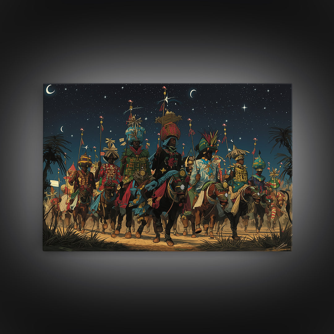 Starry Desert African Warriors On Horseback Framed Canvas Print, Tribal Procession Wall Decor, Afrocentric Safari Art Gift