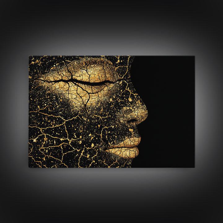 Golden Cracked Black Woman Profile Portrait Wall Art, Elegant Afrocentric Decor, Modern Black Art Print, Luxury Canvas Gift