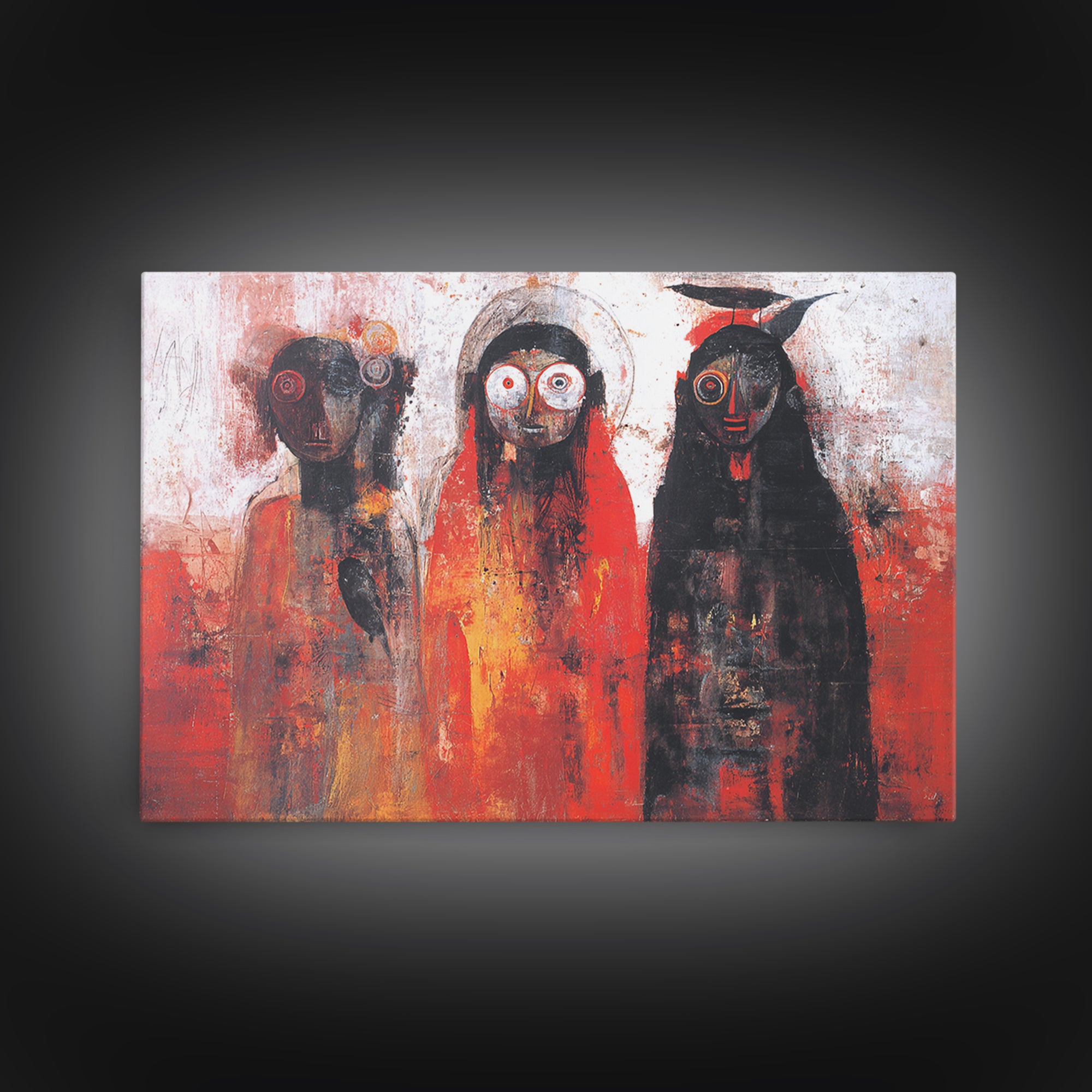 Mystic Three Tribal Figures In Red And Black Abstract Wall Art, African Mask Art Decor, Spiritual Afrocentric Canvas Print