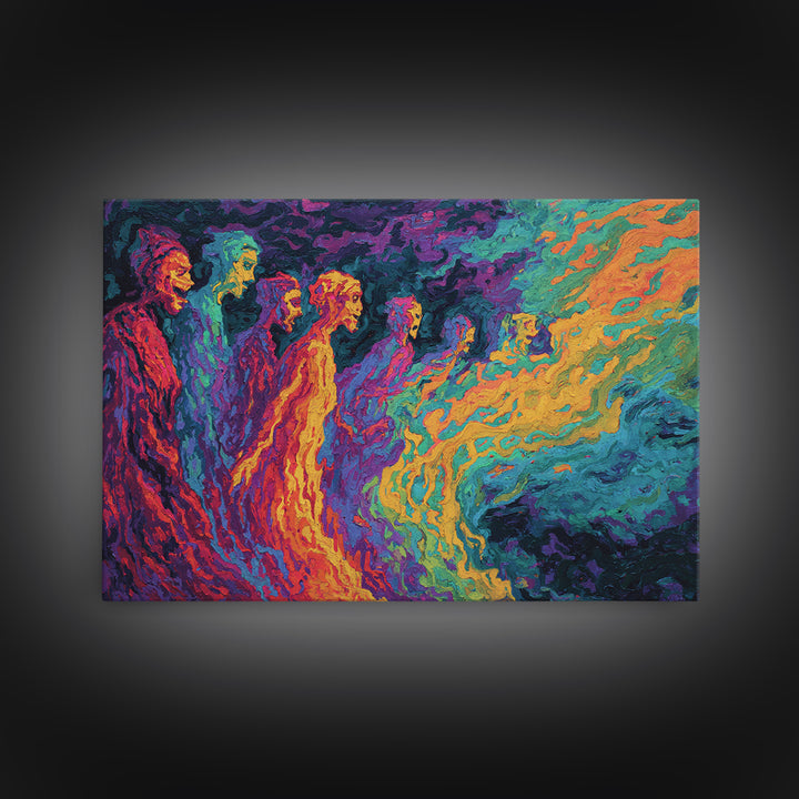 Vibrant Spectral Figures Facing A Swirling Cosmic Sea Canvas Print, Abstract African Art, Colorful Wall Decor Gift, Modern Art