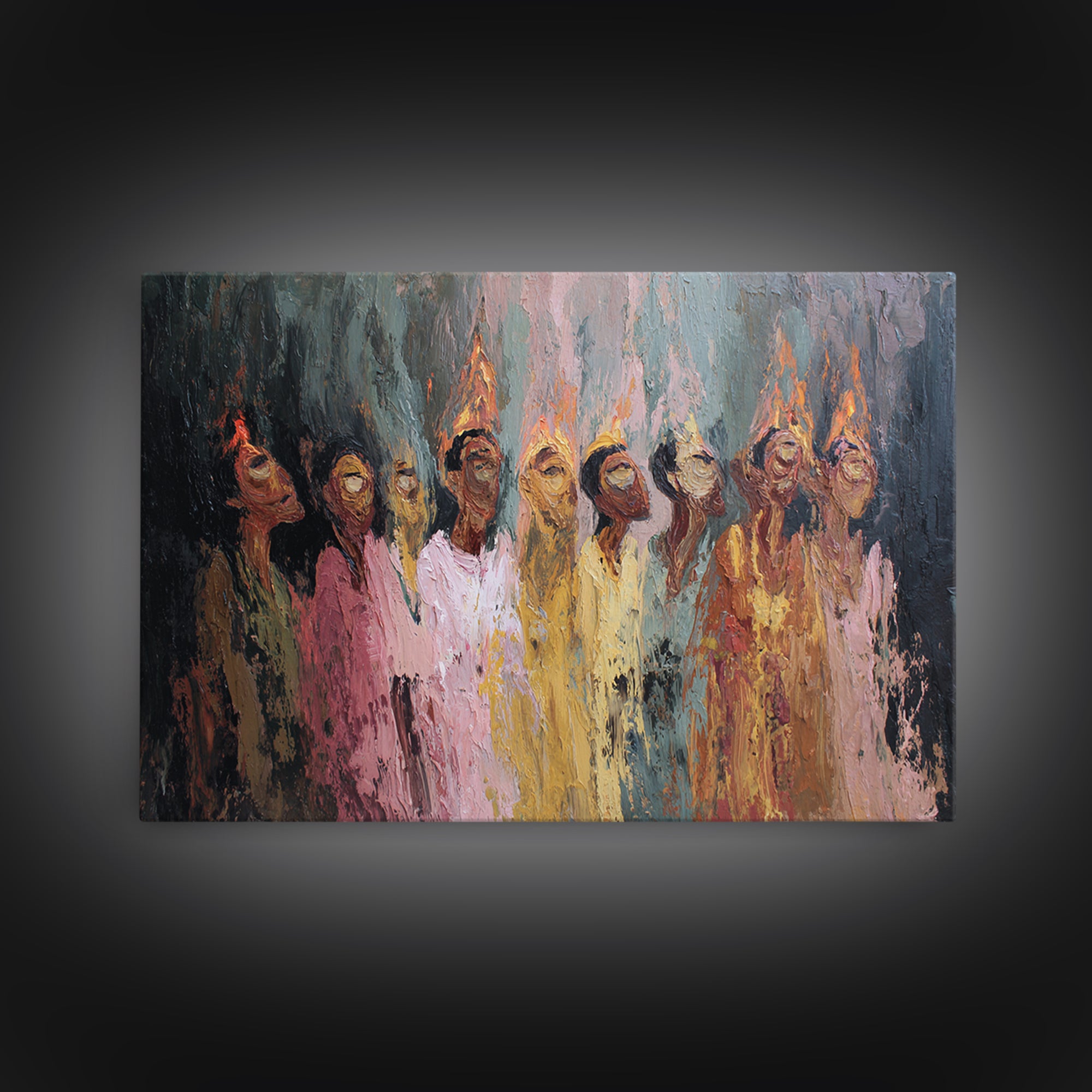 Textured Women In Fiery Robes With Tall Flame Crowns Framed Canvas Print, African Women Art, Elegant Wall Decor, Home Decor Gift