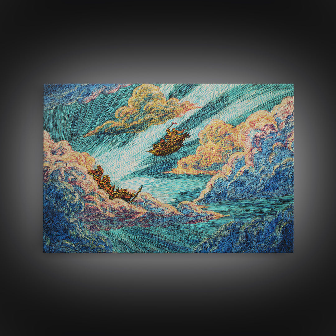 Dreamy Boats Sailing Through Clouds And Turquoise Waves Canvas Print, African Inspired Fantasy Wall Art, Colorful Decor Gift