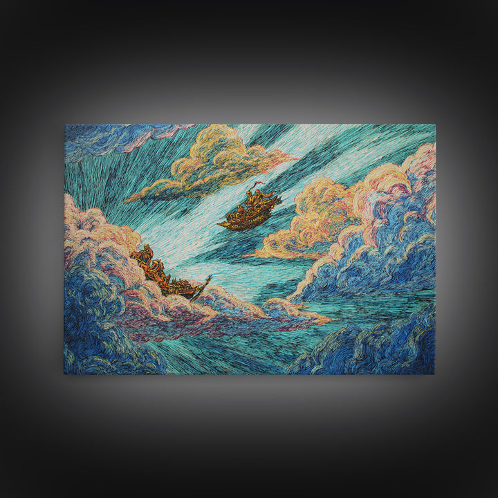 Dreamy Boats Sailing Through Clouds And Turquoise Waves Canvas Print, African Inspired Fantasy Wall Art, Colorful Decor Gift