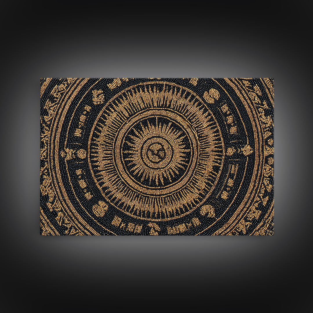Gold Black African Mandala Bead Pattern Framed Canvas Print, Spiritual Circle Wall Decor, Elegant Ethnic Home Decor Gift