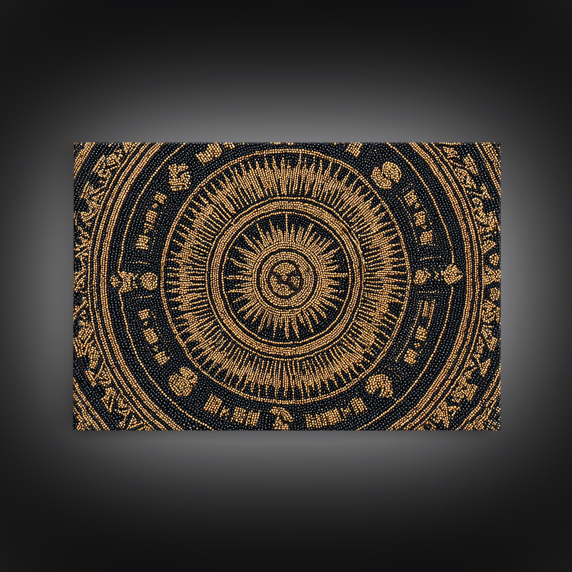 Gold Black African Mandala Bead Pattern Framed Canvas Print, Spiritual Circle Wall Decor, Elegant Ethnic Home Decor Gift