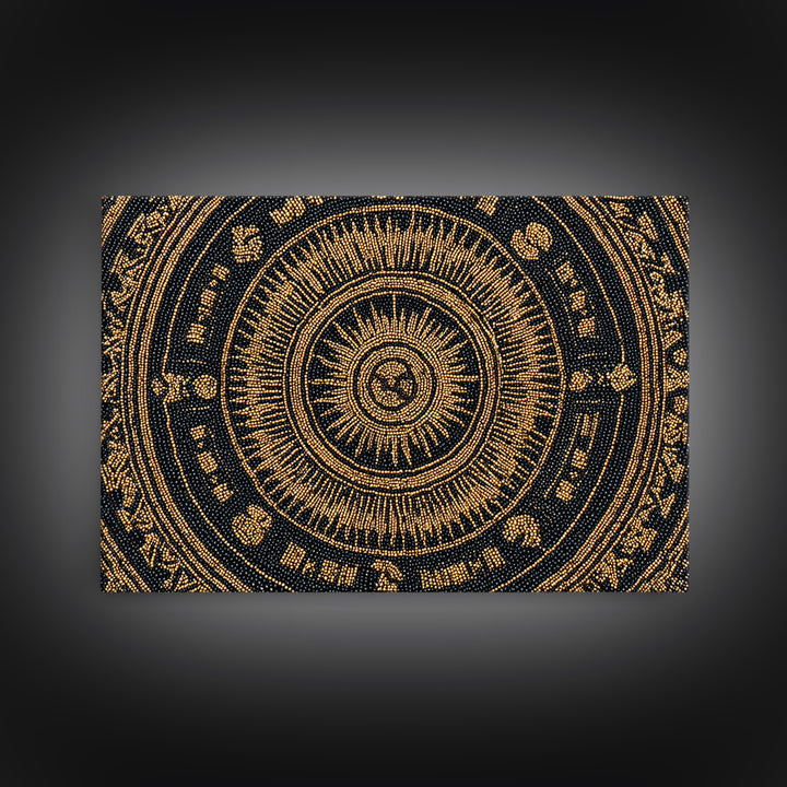Gold Black African Mandala Bead Pattern Framed Canvas Print, Spiritual Circle Wall Decor, Elegant Ethnic Home Decor Gift