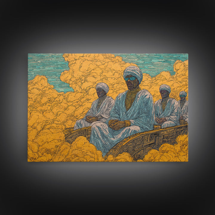 African Men In White Robes On Golden Cloud Canvas Print, Surreal Desert Journey, Cultural Wall Decor, Ethnic Home Decor Gift