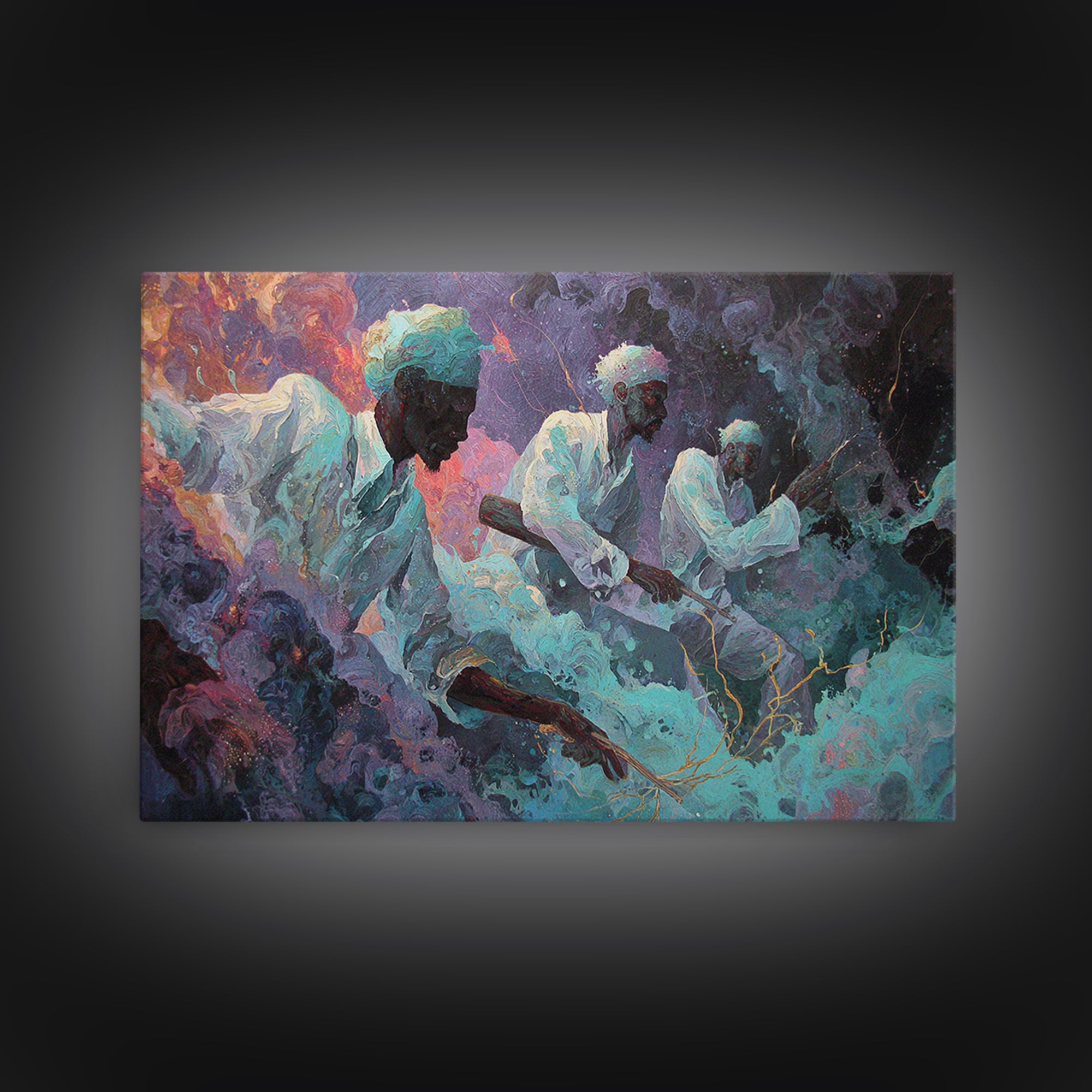 Mystical African Men In White Robes Canvas Print, Dreamy Cosmic Smoke Painting, Spiritual Afrocentric Wall Decor, Home Decor