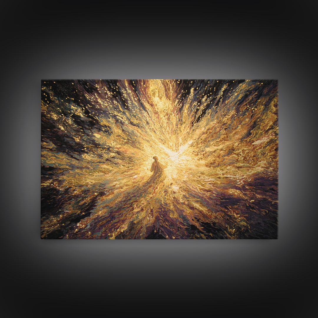 Radiant Golden Spiritual Figure Wall Art, Abstract Light Burst Painting, Mystical Afrocentric Decor, Statement Home Decor