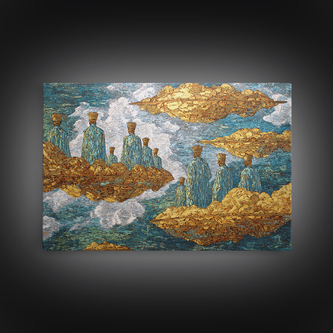Surreal Floating Island Figures Wall Art, Blue And Gold African Inspired Decor, Dreamy Abstract Ethnic Art Print, Modern Canvas