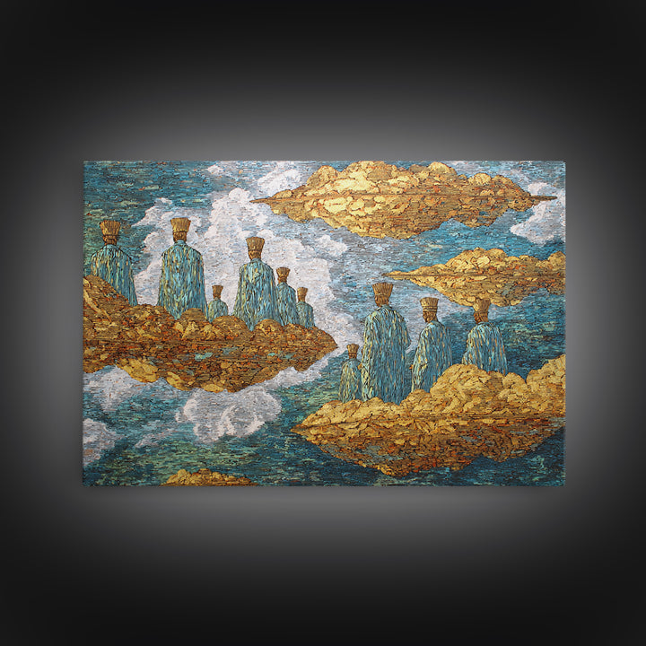 Surreal Floating Island Figures Wall Art, Blue And Gold African Inspired Decor, Dreamy Abstract Ethnic Art Print, Modern Canvas