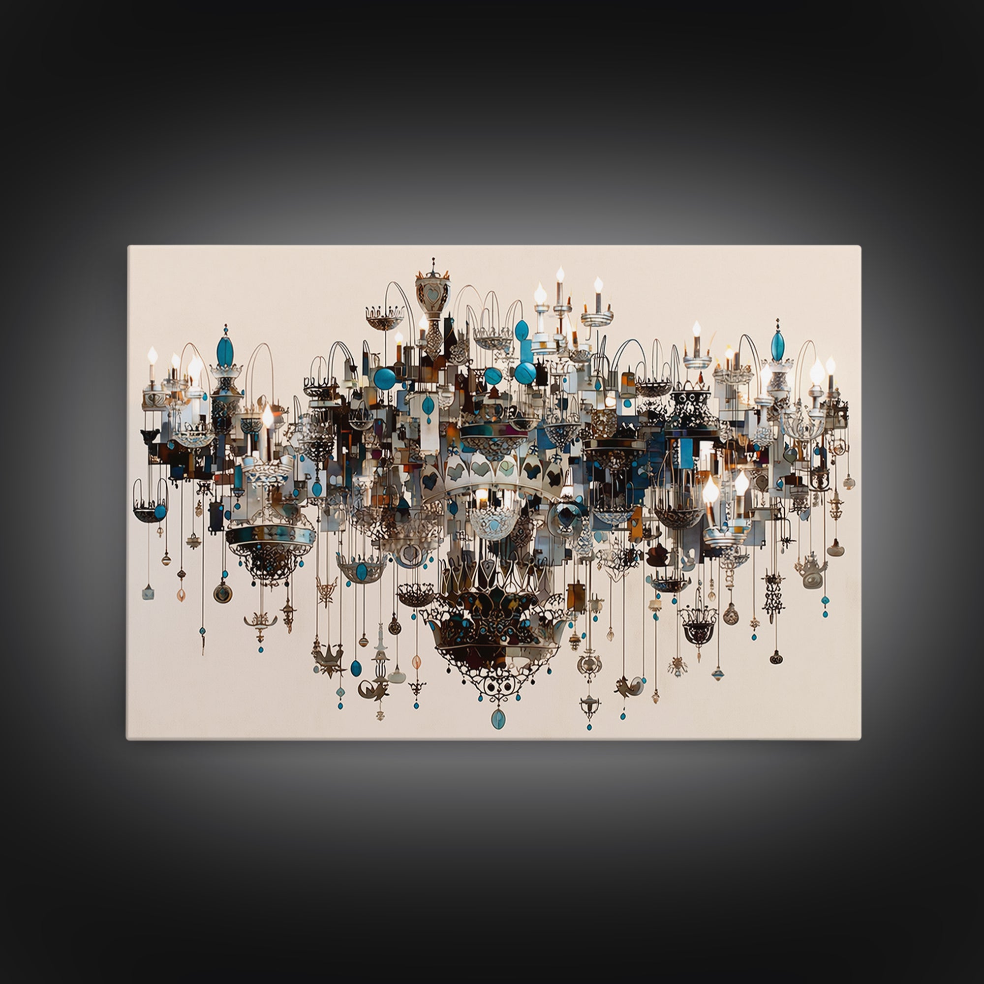 Ornate Blue Jewel Chandelier Framed Canvas Print, Luxury Lighting Wall Decor, Elegant Home Decor, Maximalist Statement Art