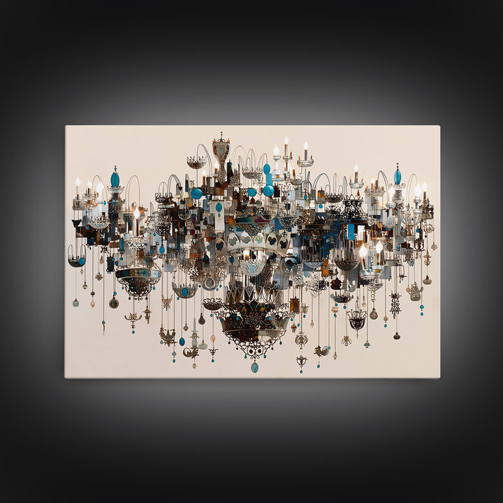 Ornate Blue Jewel Chandelier Framed Canvas Print, Luxury Lighting Wall Decor, Elegant Home Decor, Maximalist Statement Art