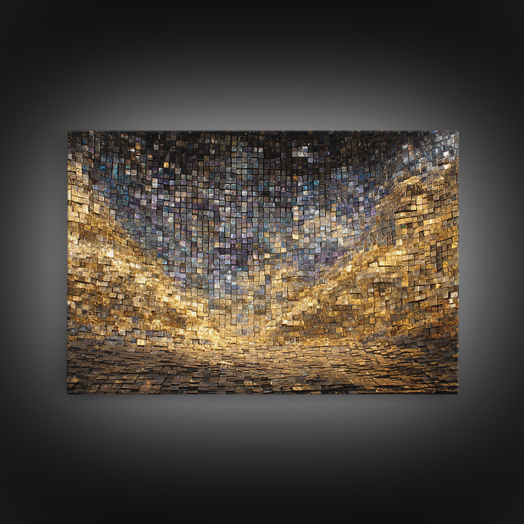 Golden Mosaic Tile Abstract Wall Art, Blue Gold Geometric Canvas Decor, Luxury Textured Art Print, Modern Statement Wall Decor