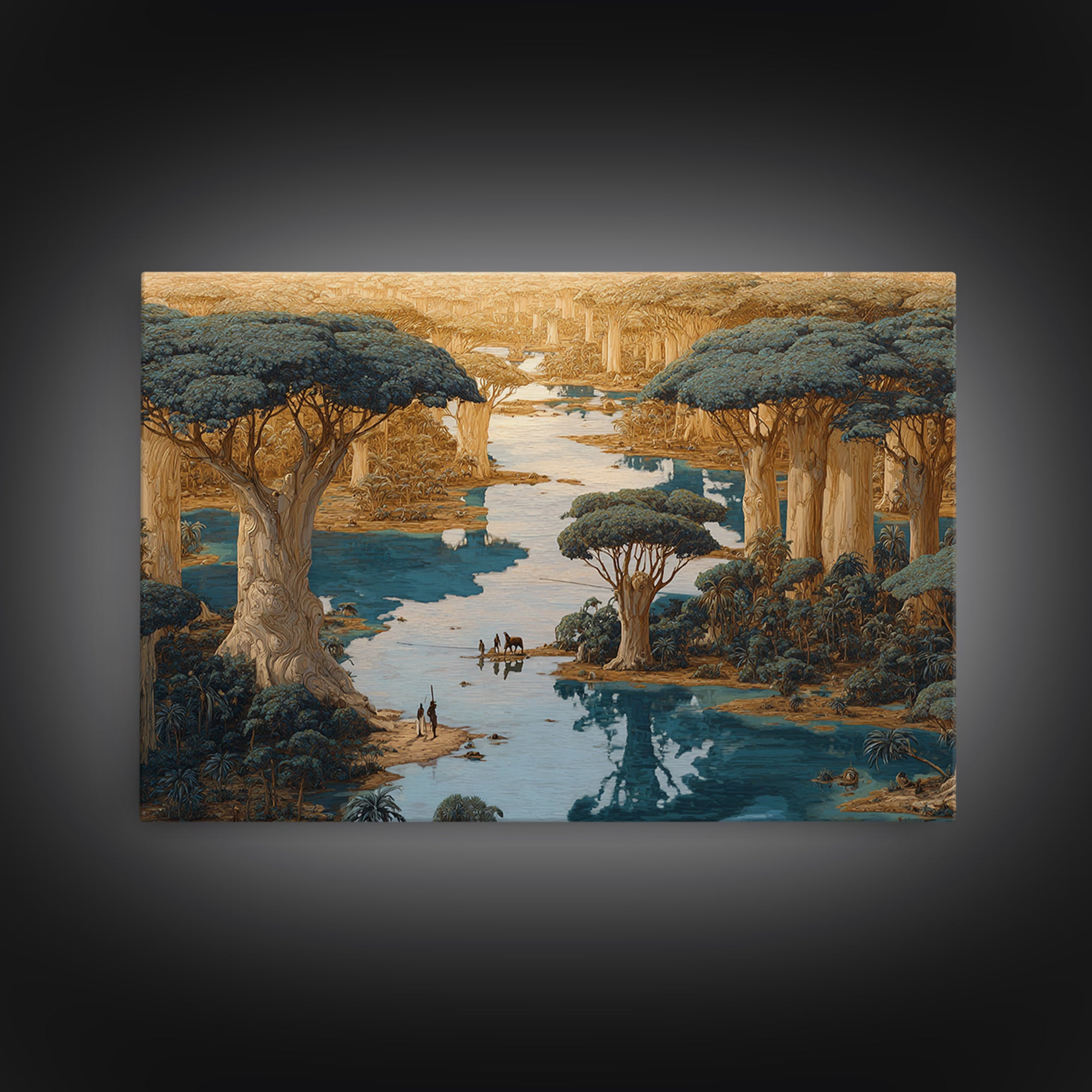Golden Baobab River Landscape Wall Art, African Safari Decor, Fantasy Nature Scene Art, Earth Tone Canvas Print For Living Room