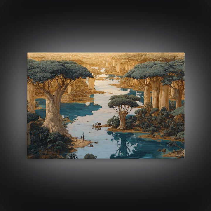 Golden Baobab River Landscape Wall Art, African Safari Decor, Fantasy Nature Scene Art, Earth Tone Canvas Print For Living Room