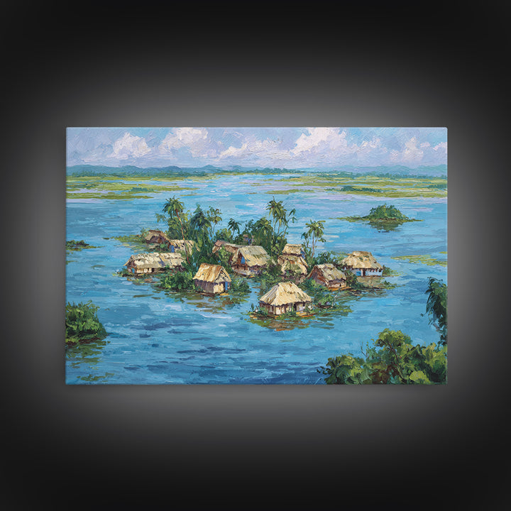 Tropical Island Village Canvas Print, Blue Water Palm Hut Landscape, Africa Inspired Coastal Wall Art, Nature Decor Gift