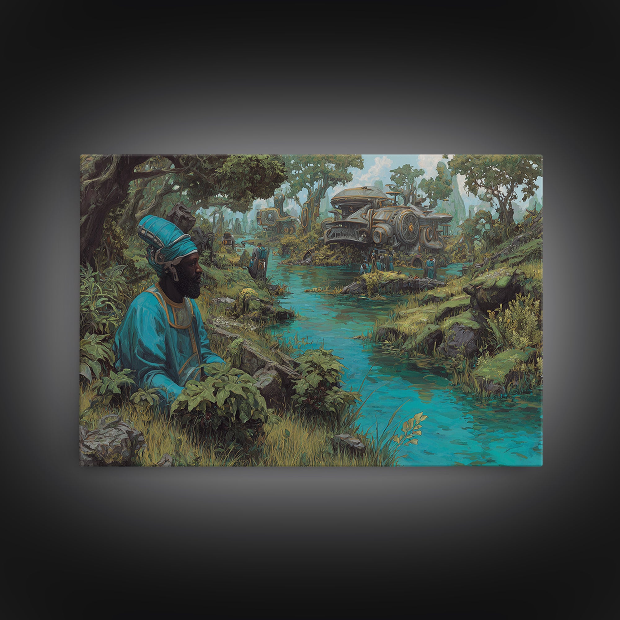 Blue Robed African Man By Jungle River Wall Art, Steampunk Train Landscape, Afrocentric Decor, Modern African Art Print Gift
