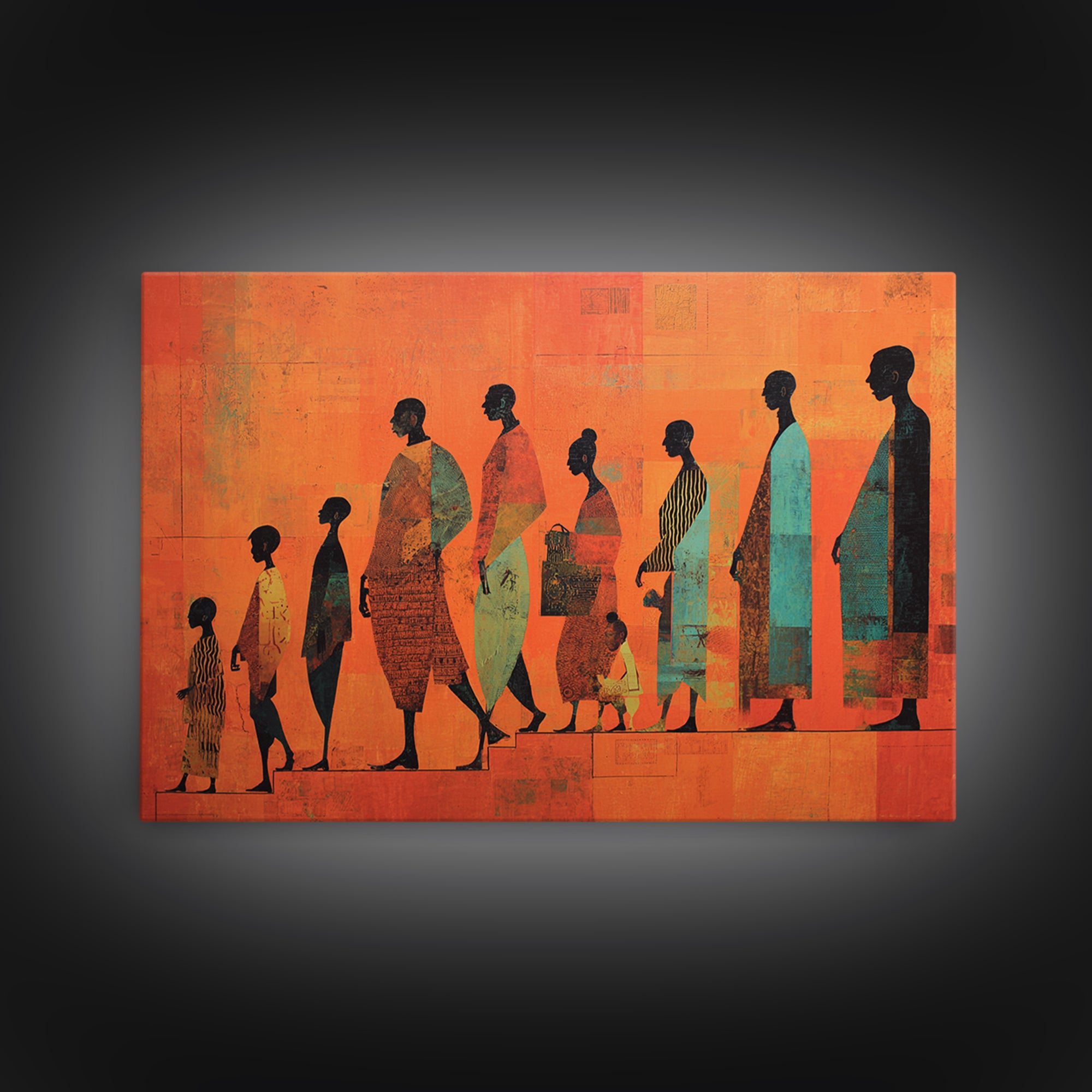 African Family Silhouette Wall Art, Orange Abstract Canvas Print, Ancestral Journey Decor, Black Culture Home Decor Gift