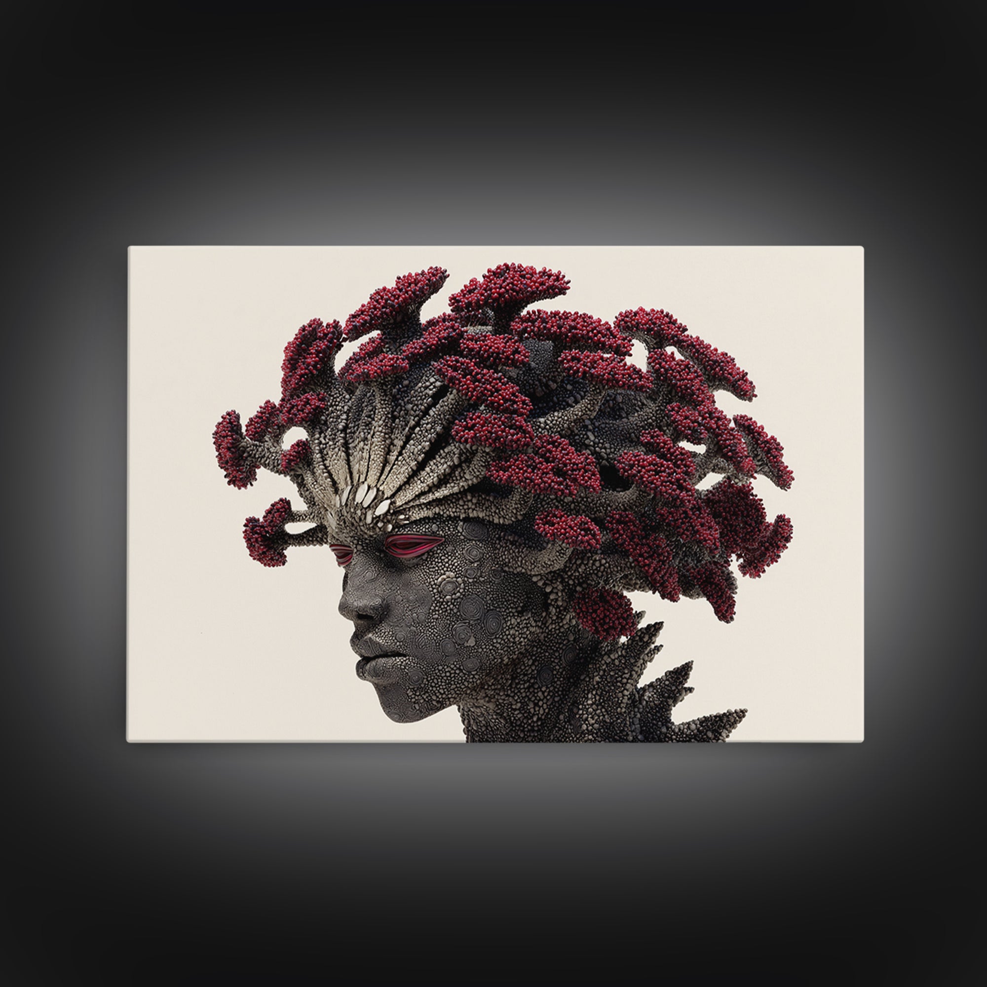 Afrofuturist Woman Portrait Wall Art, Red Coral Hair Canvas Print, Black Goddess Decor, Bold African Beauty Gift For Her