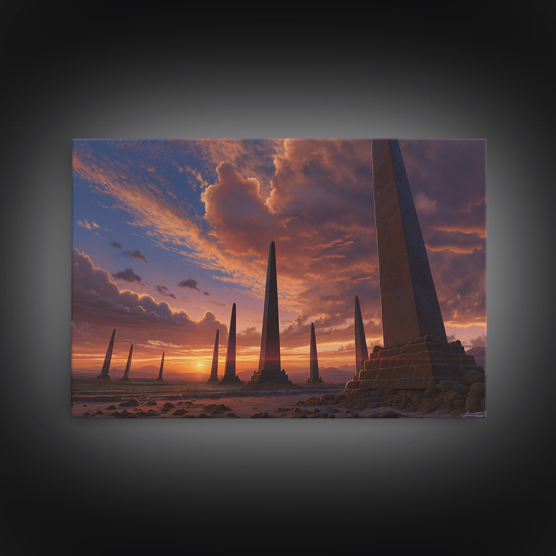 Sunset Desert Obelisks Wall Art, Ancient Monument Canvas Print, African Landscape Decor, Dramatic Travel Home Gallery Gift