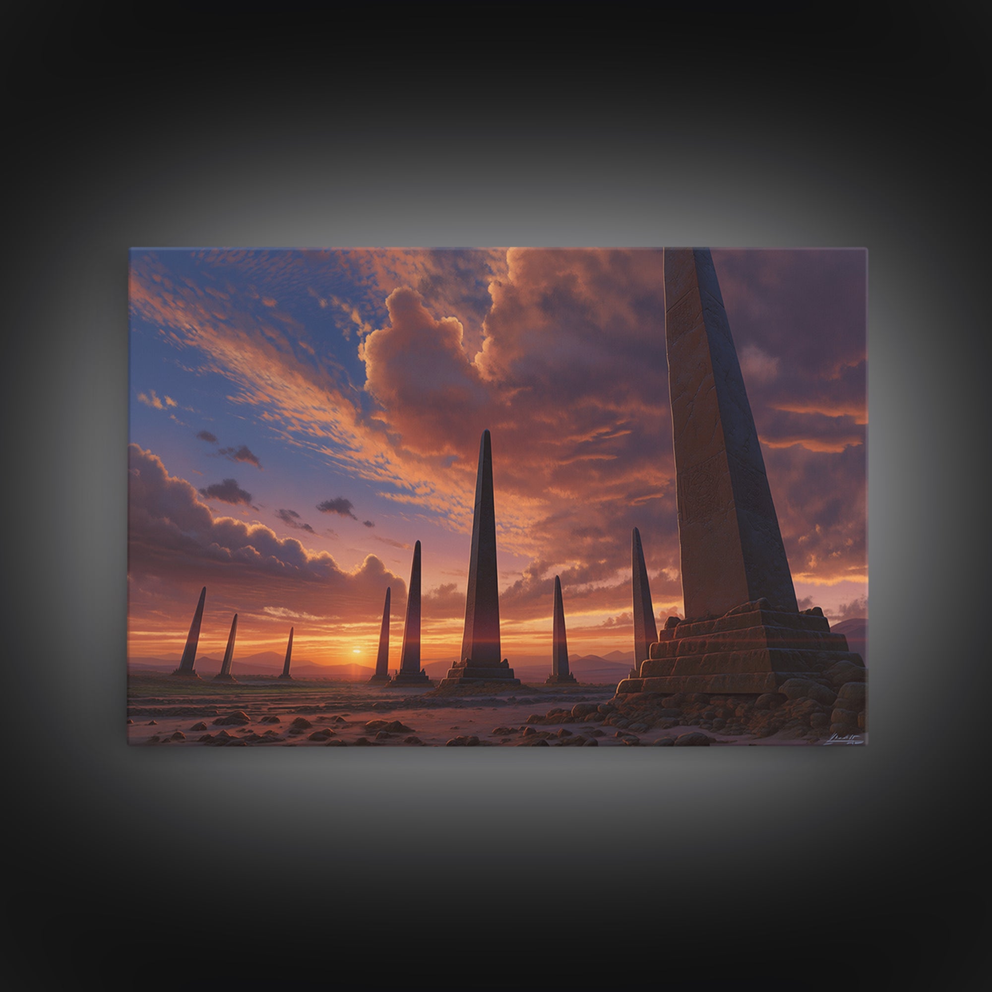 Sunset Desert Obelisks Wall Art, Ancient Monument Canvas Print, African Landscape Decor, Dramatic Travel Home Gallery Gift
