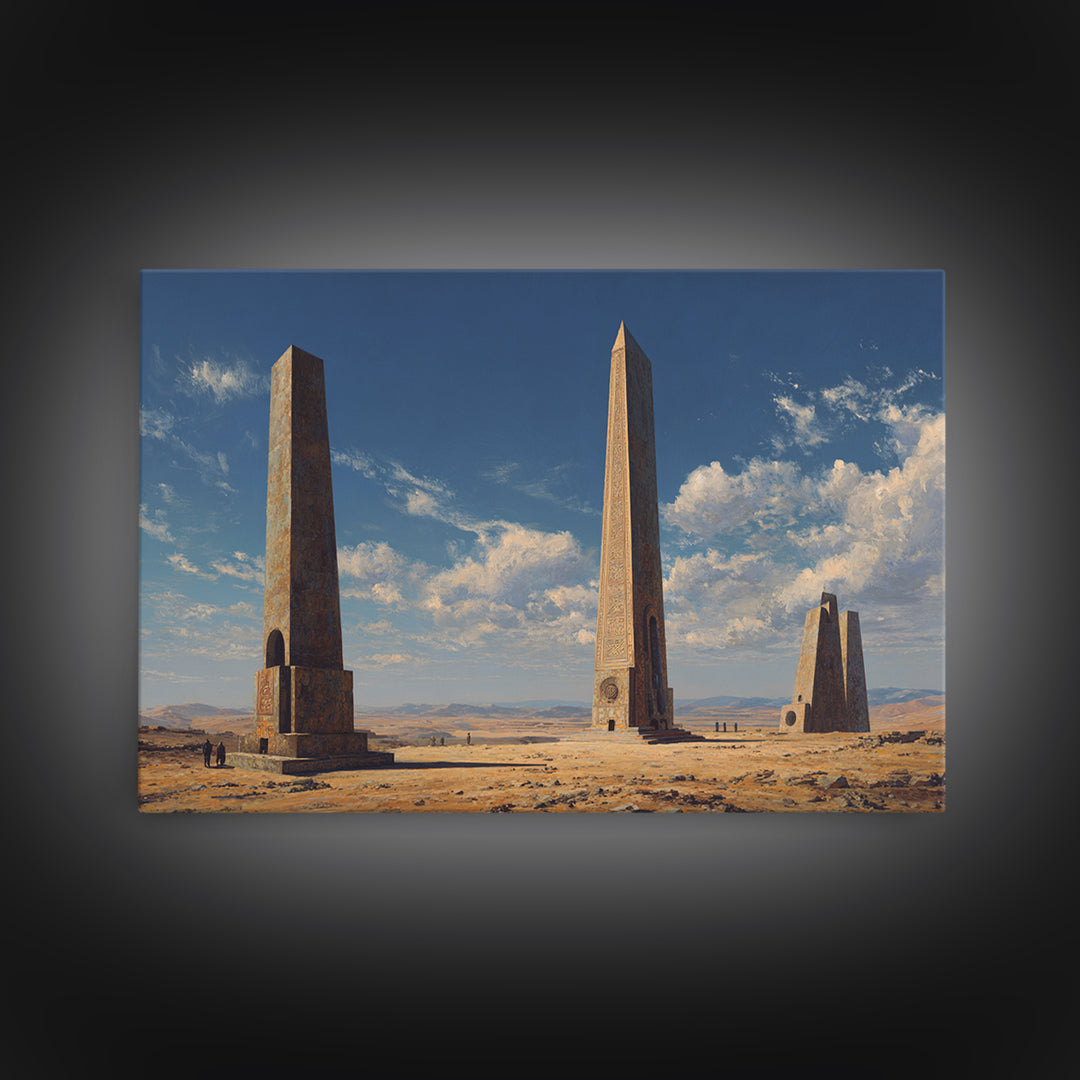 Desert Monument Obelisks Framed Canvas Print, African Landscape, Ancient African Art, Sahara Home Wall Decor, Travel Gift