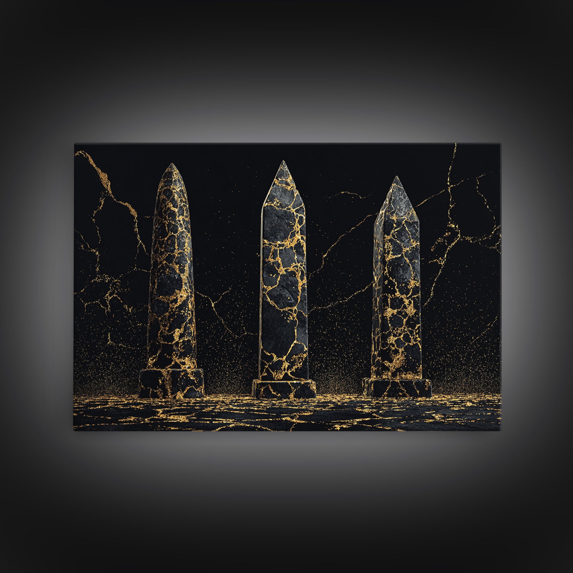 Black And Gold Cracked Obelisks Wall Art, Abstract African Art, Luxury Canvas Decor, Modern Textured Statement Wall Decor