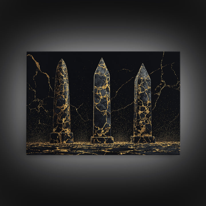 Black And Gold Cracked Obelisks Wall Art, Abstract African Art, Luxury Canvas Decor, Modern Textured Statement Wall Decor