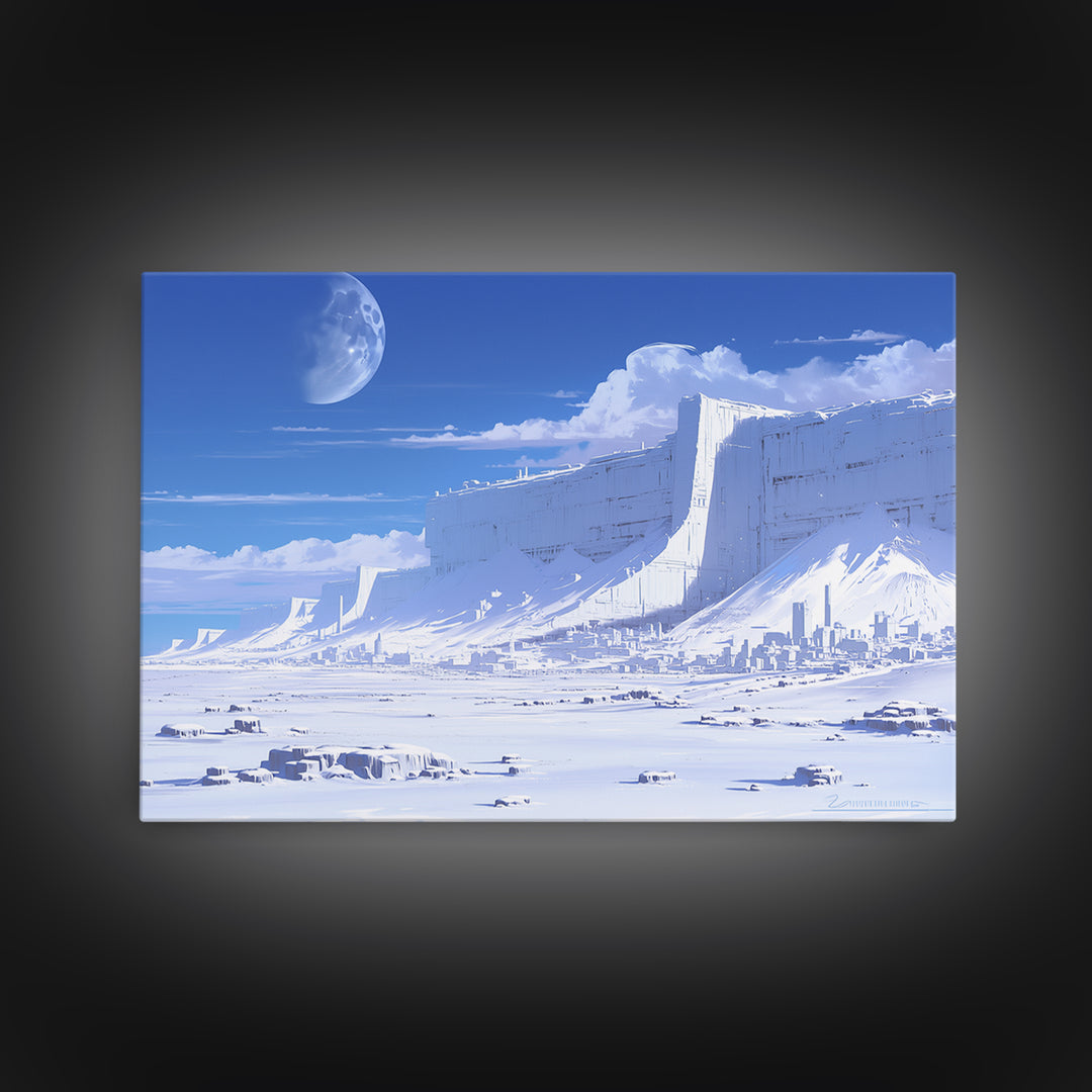Blue Ice Citadel Moon Landscape Canvas Print, Dreamy Wall Art, Modern Canvas Art, Large Blue Office Decor, Housewarming Gift