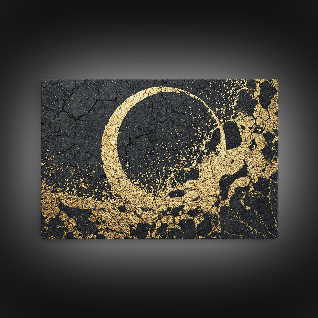 Gold Crescent On Cracked Black Stone Wall Art, Abstract Black Art, Luxury Canvas Art, Spiritual Statement Modern Home Decor Gift