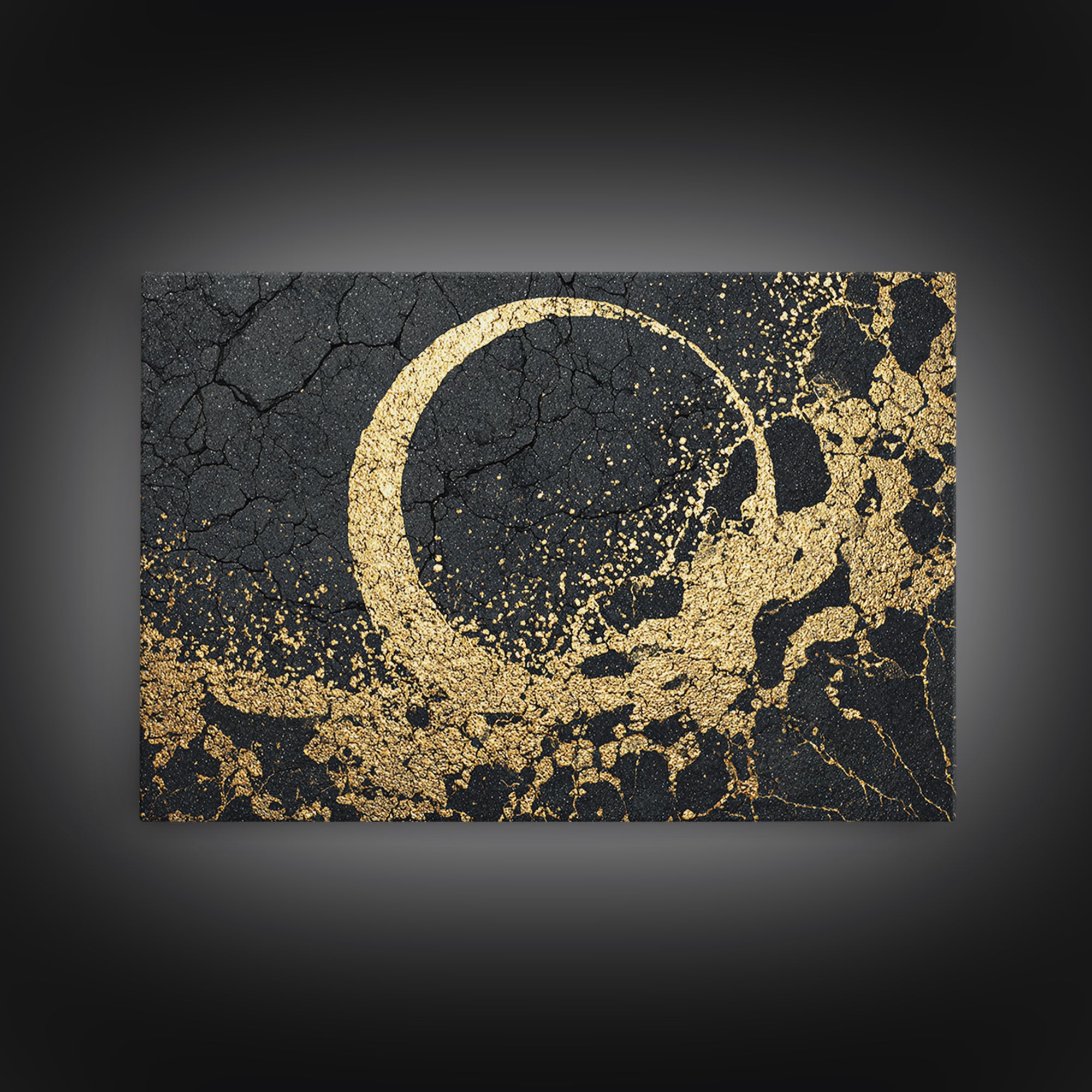Gold Crescent On Cracked Black Stone Wall Art, Abstract Black Art, Luxury Canvas Art, Spiritual Statement Modern Home Decor Gift