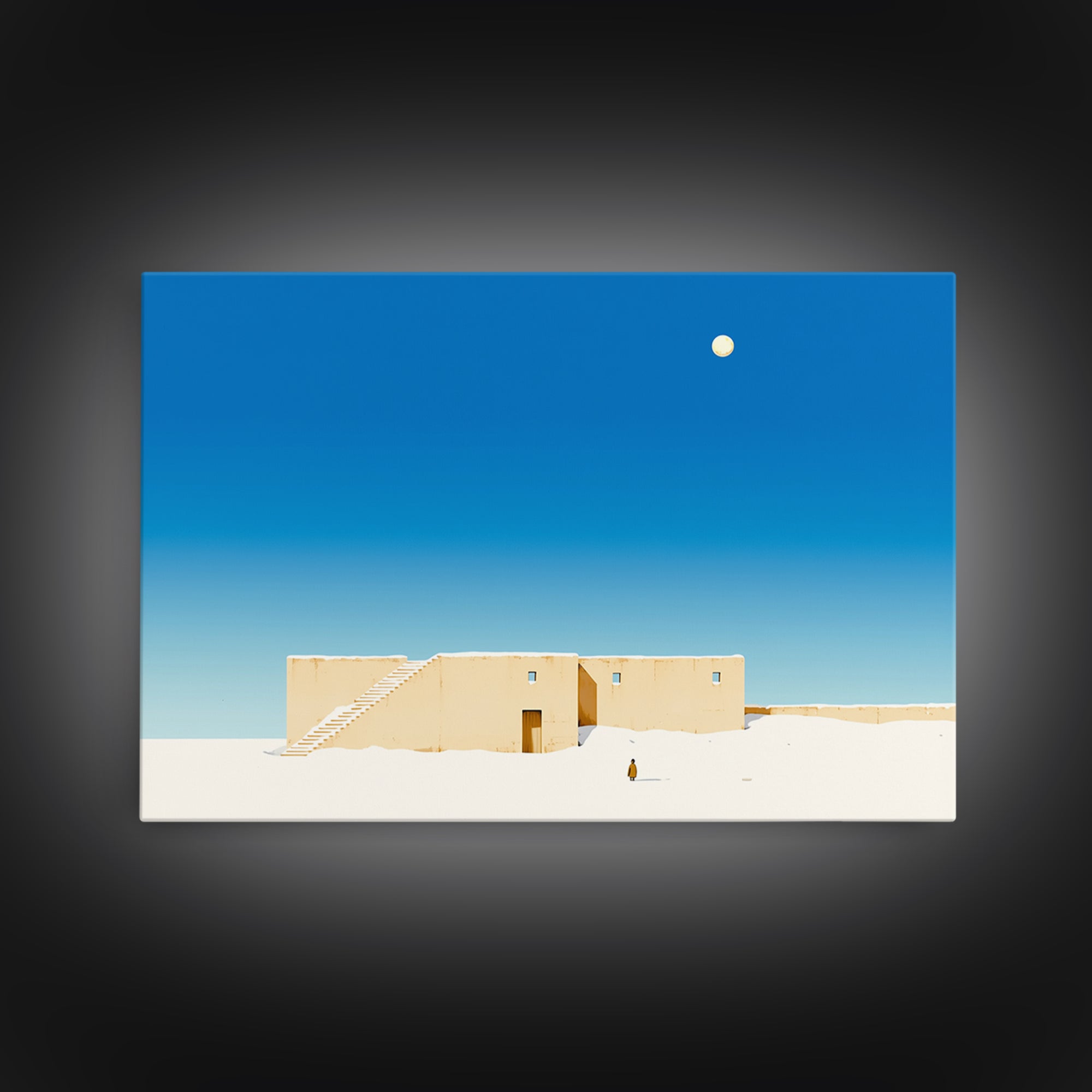 Minimalist Adobe Desert House Canvas Print, Blue Sky Architecture, Beige Wall Art, Modern Southwestern Style Home Decor Gift