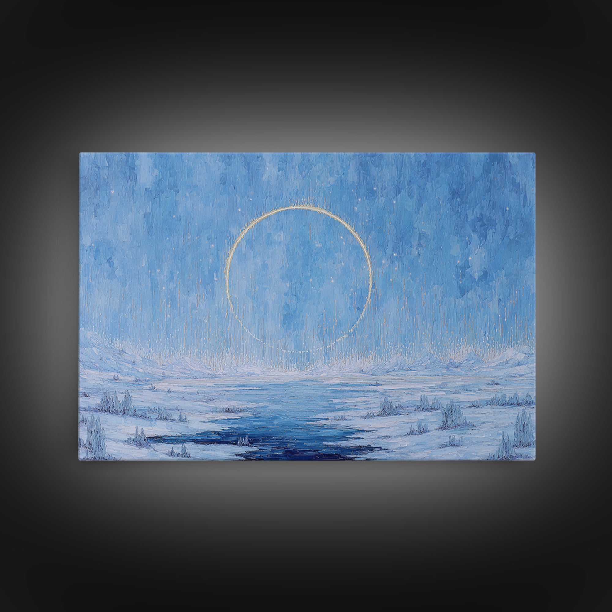 Blue Frozen Lake With Golden Ring Wall Art, Dreamy Landscape, Modern Canvas Art, Textured Blue Home Decor, Spiritual Gift