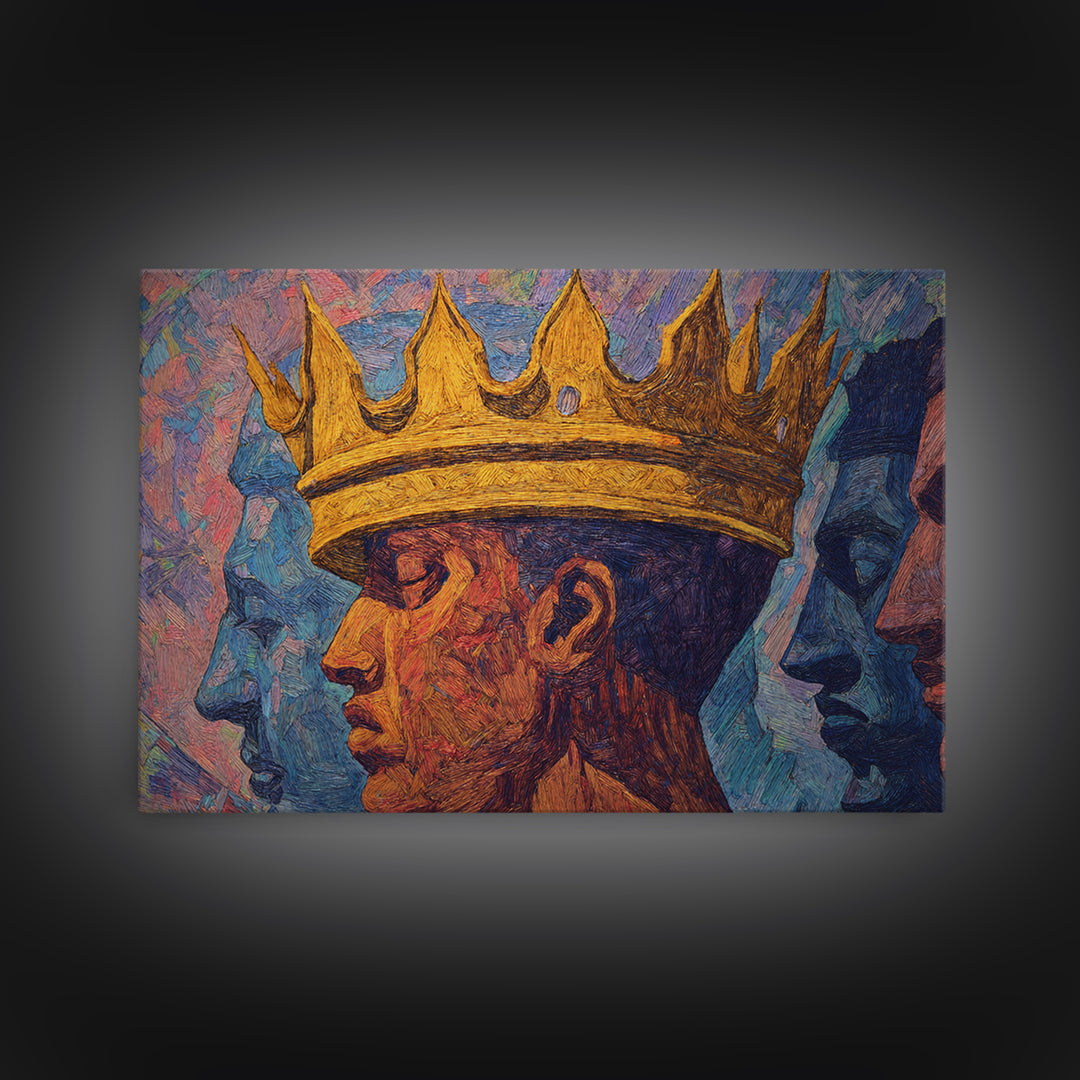 Crowned African King Portrait With Blue Spirit Faces Wall Art, Afrocentric Black History Gift, African American Art Decor