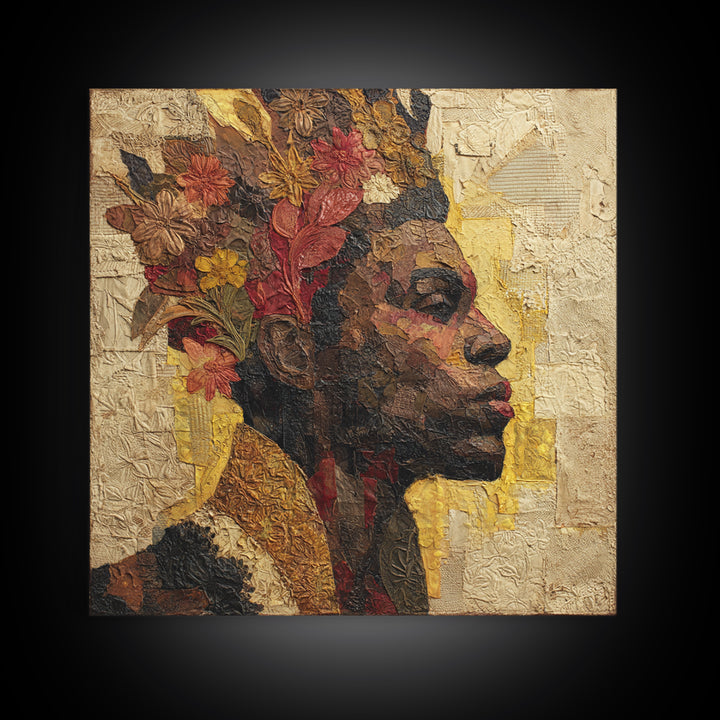 Expressive Portrait with Ornate Floral Background and Canvas Print, African Inspired Art, Fine Art Print, Living Room Decor, AIA-1x1-29