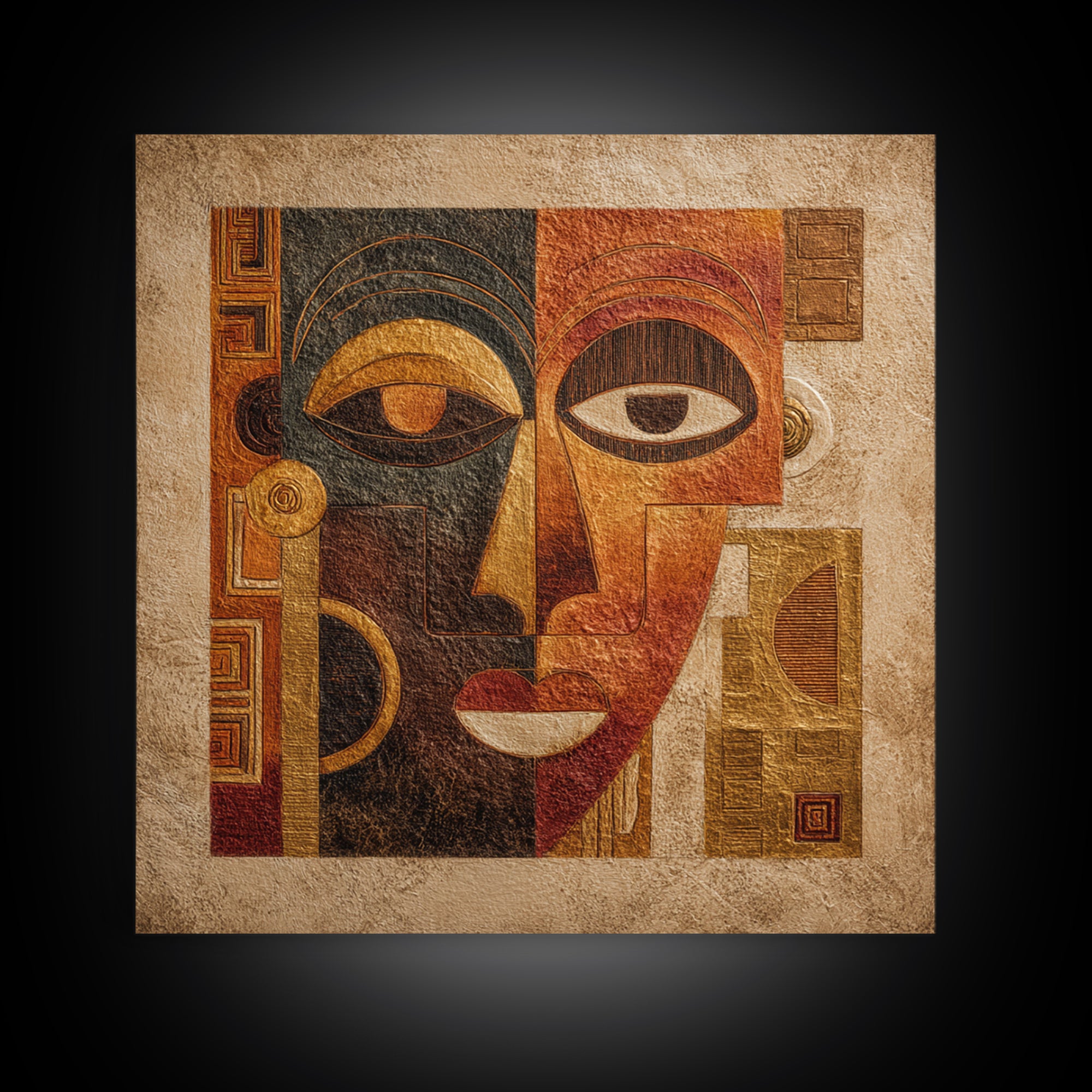 Minimalist African Line Art Faces on Parchment Canvas Print, African Inspired Art, African Wall Art, Living Room Decor, AIA-1x1-34