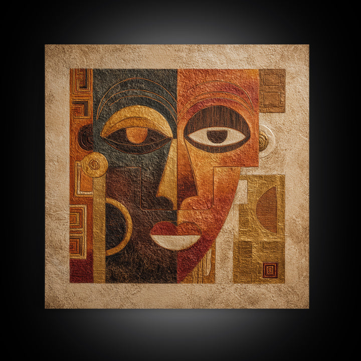 Minimalist African Line Art Faces on Parchment Canvas Print, African Inspired Art, African Wall Art, Living Room Decor, AIA-1x1-34