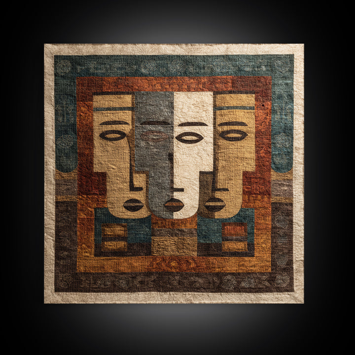Minimalist African Line Art Faces on Parchment Canvas Print, African Inspired Art, African Wall Art, Living Room Decor, AIA-1x1-58