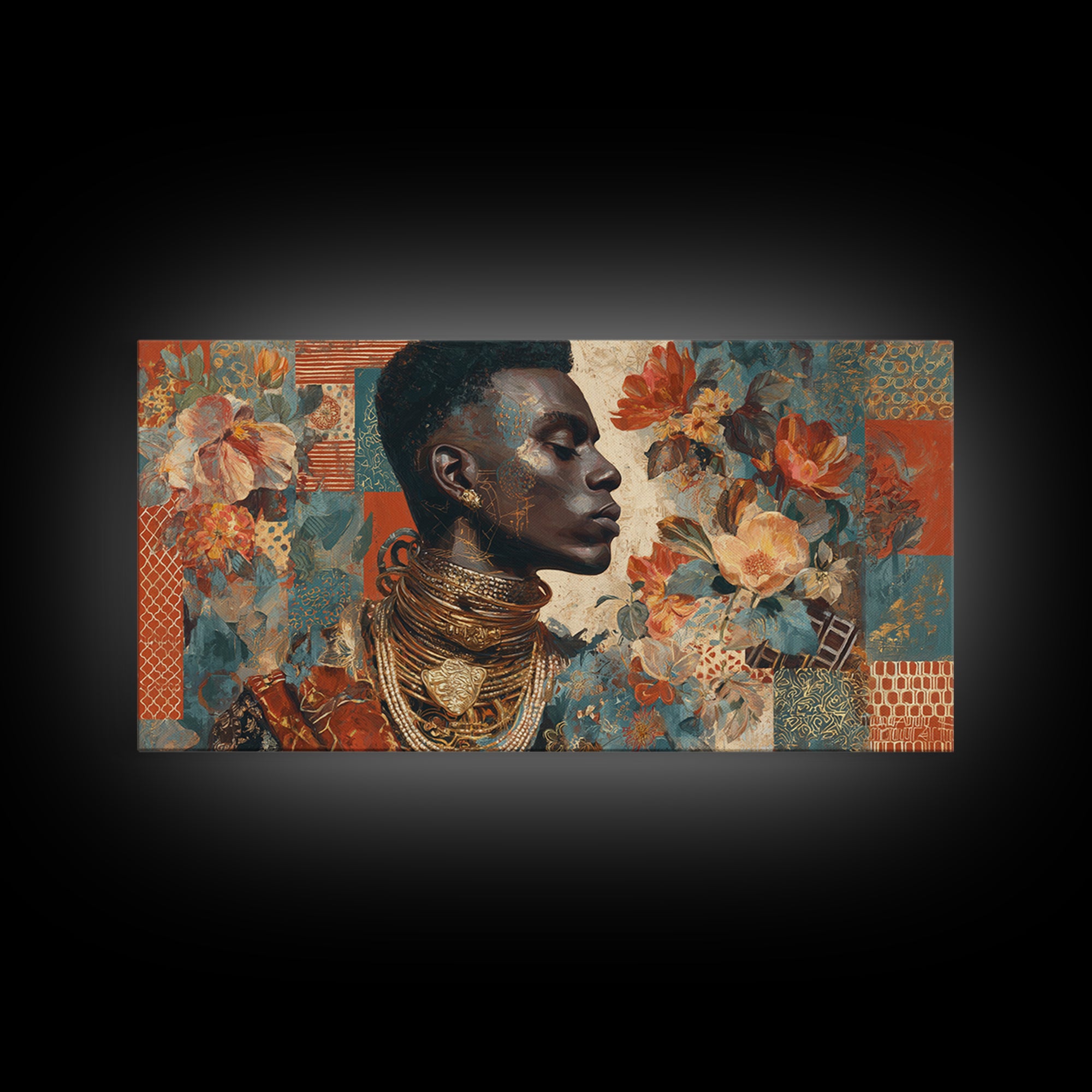 Expressive Portrait with Ornate Floral Background and Canvas Print, African Inspired Art, Abstract Art, Living Room Decor, AIA-2x1-49